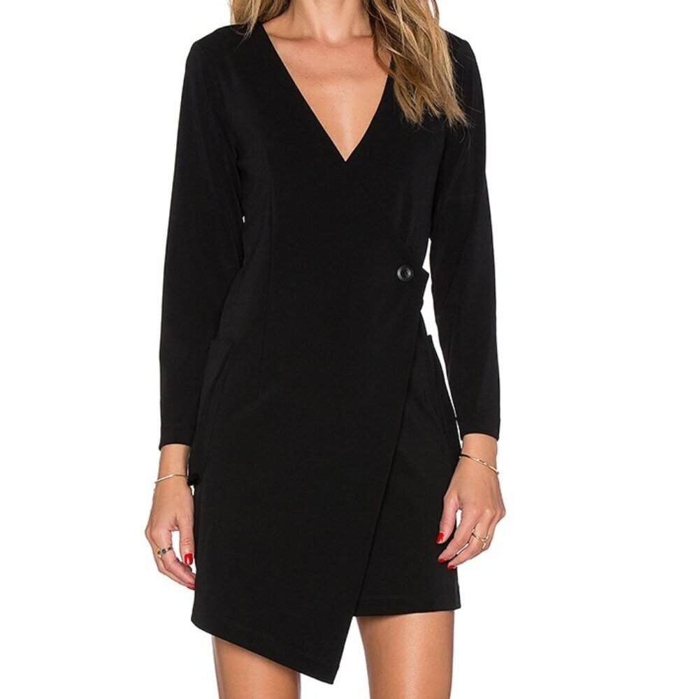 MLM Label Black Long-Sleeve Asymmetrical Hem Side Pockets Wrap Dress | Size M
